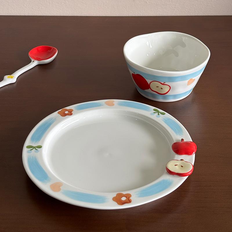 Handmade Creative Apple Ceramic Dinner Plate Cartoon Cute Childlike Ceramic Rice Bowl Household Dessert Bowl Salad Bowl