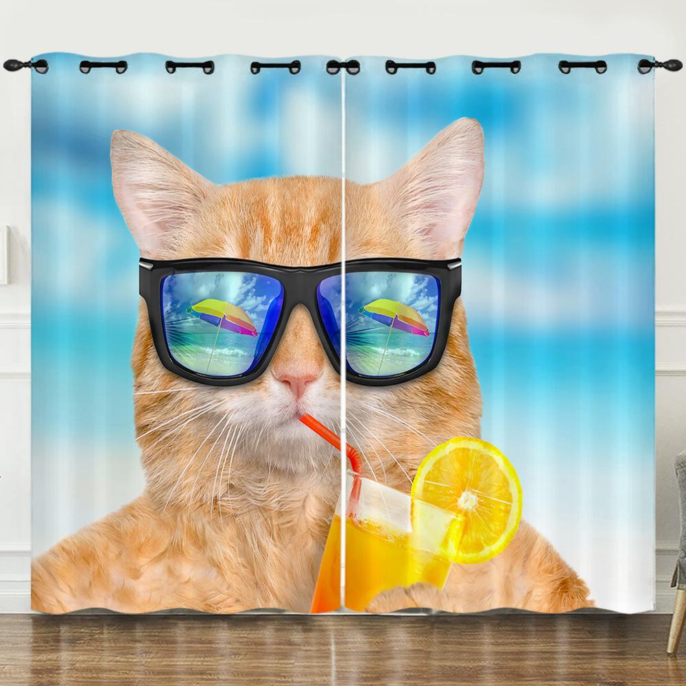 Curtains Summer Vacation Cool Cats And Dogs 3D Digital Printing Blackout Curtain Punching