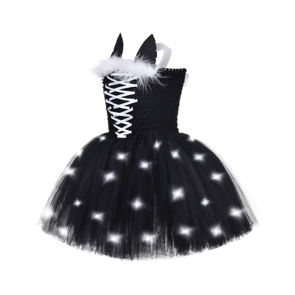 Vestito LED Gatto Nero Principessa Lampeggiante, Compleanno Halloween Cosplay Ragazze Vestito in Rete Nero