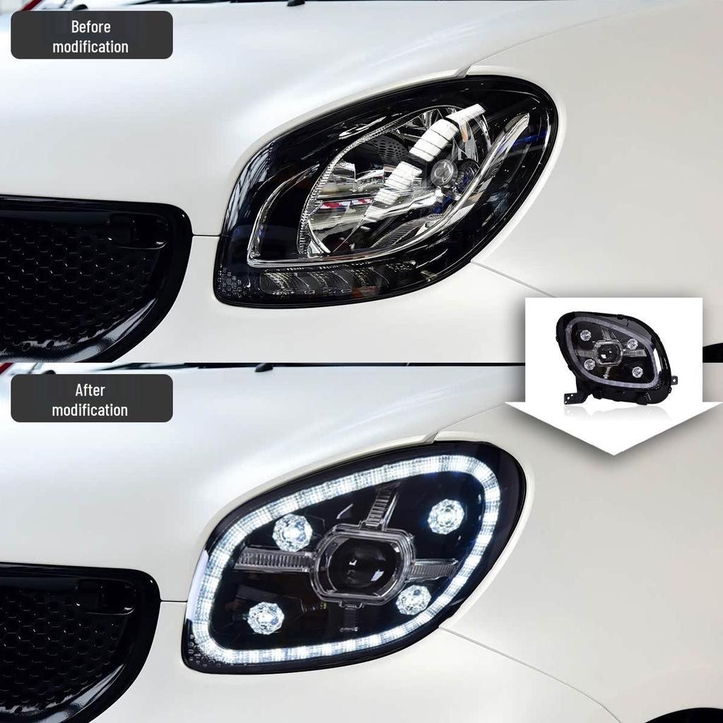 LED Headlight Assembly with Crystal Lens & Flowing Turn Signals for 15-19 Mercedes-Benz Smart