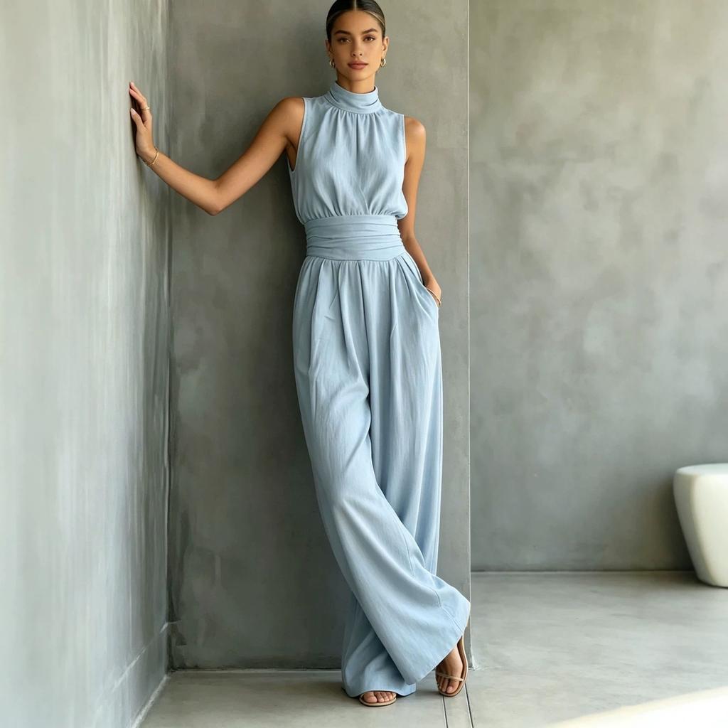 Europa e America estate 2026 tuta senza maniche con collo semi-alto a gamba larga da donna tinta unita casual moda pantaloni