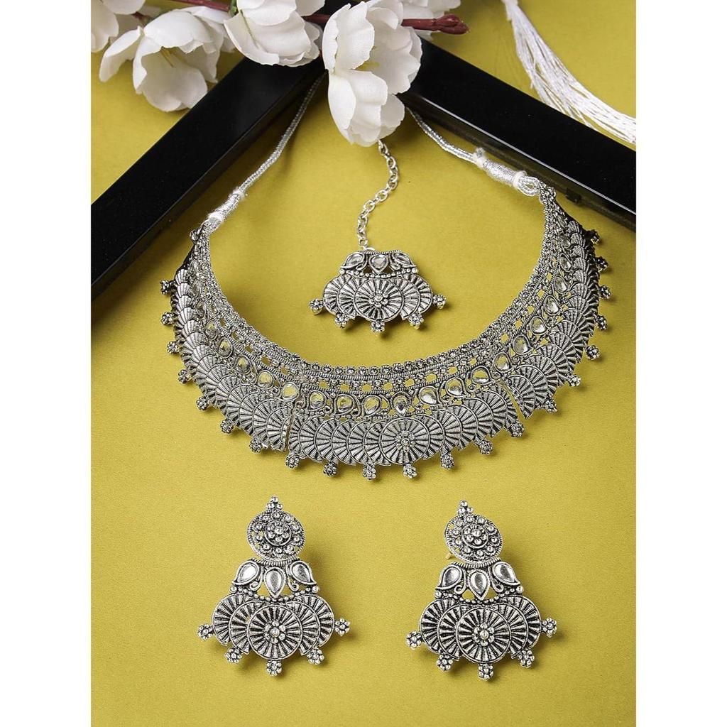 Sukkhi Eye-Catchy Oxidised Silver Plated Choker Necklace Set With Earring | Mangtikka Set For Women