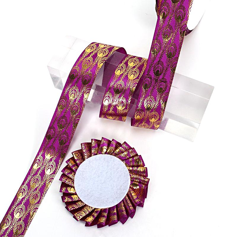 10 meter/rull påfuglfjærtrykt bånd Webbing silkebånd fjær gullbelagt bånd laserbånd 2,5x914cm