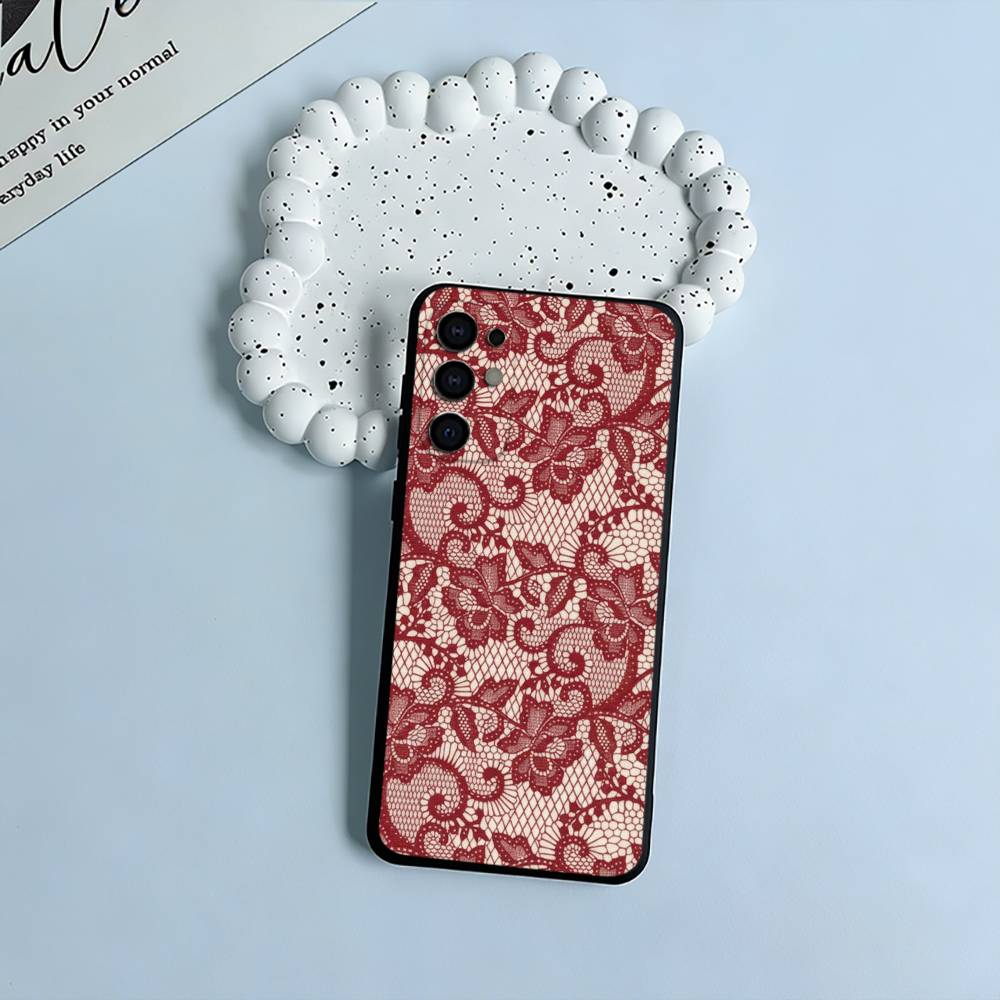 L-Lace Print Pattern Phone Case For Samsung S25,S24,S21,S22,S23,S30,Ultra,S20,Plus,Fe,Lite,Black Soft Silicone