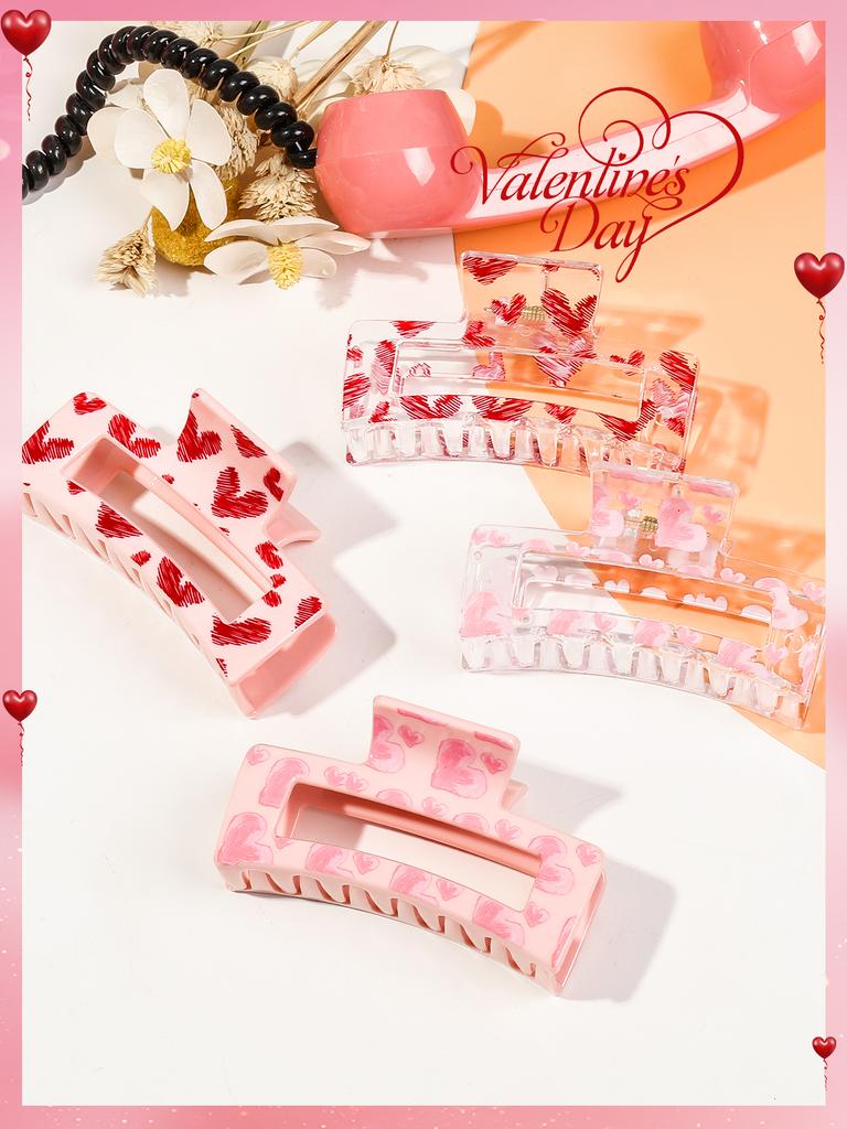 8Pcs Pink Heart Print Hair Claw Clips for Women,Strong Hold Colorful Hair Clamps Hairpin Valentine's Day Hair Accessories Gift