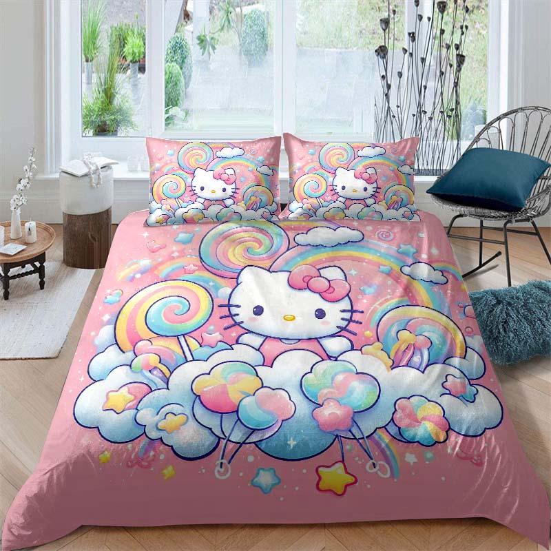 This Hello Kitty three-piece bedding set with a cartoon heart print, including one duvet cover and two pillowcases, makes a perf