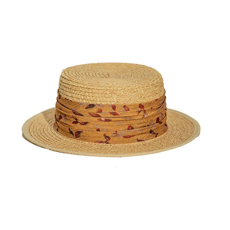 

Flat Top Flat Brim Raffia Straw Hat for Women, Summer Sun Protection Retro Floral Tie Band Vacation Cap adjustable 54-58cm