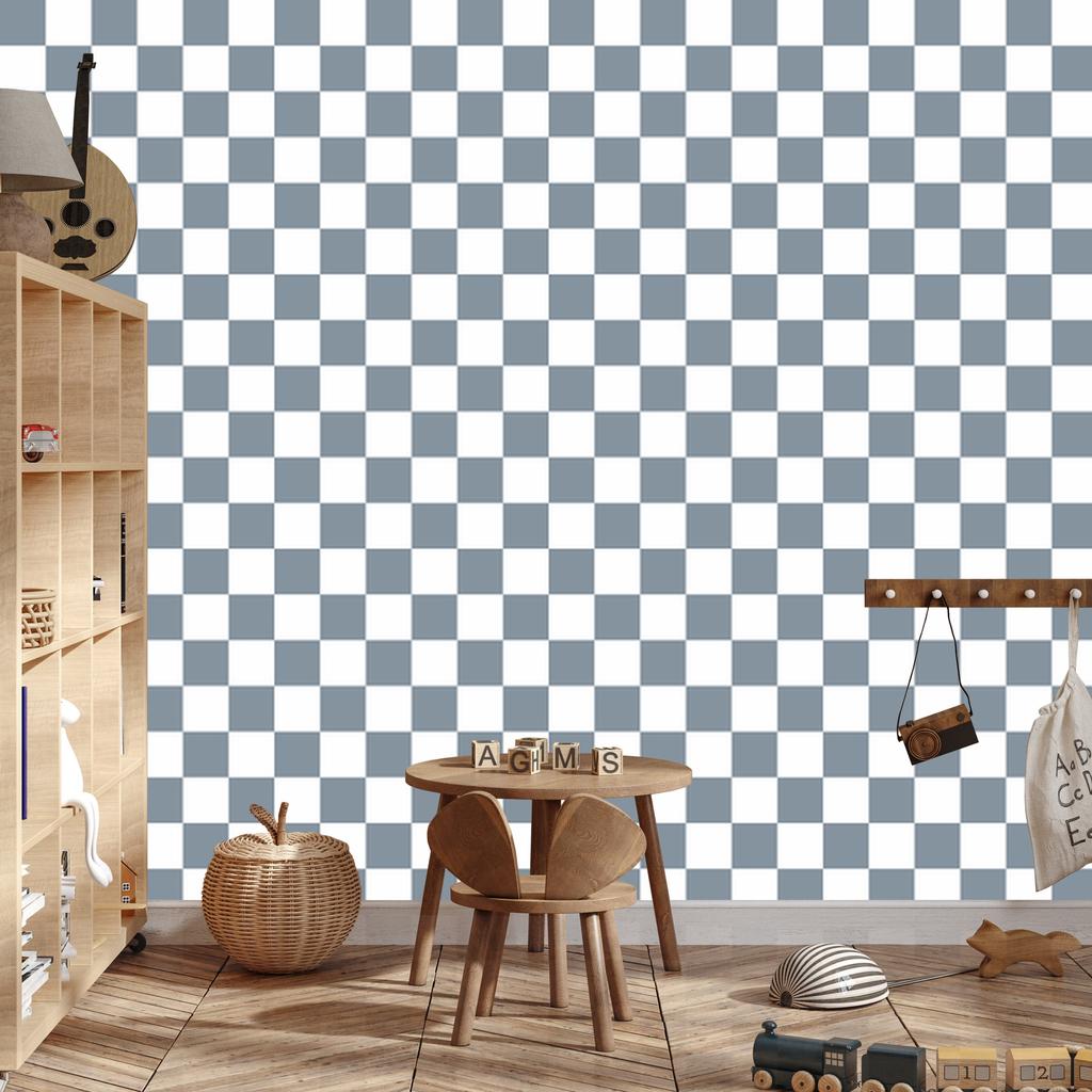 Checkerboard wallpaper white, blue and light gray 50x1000