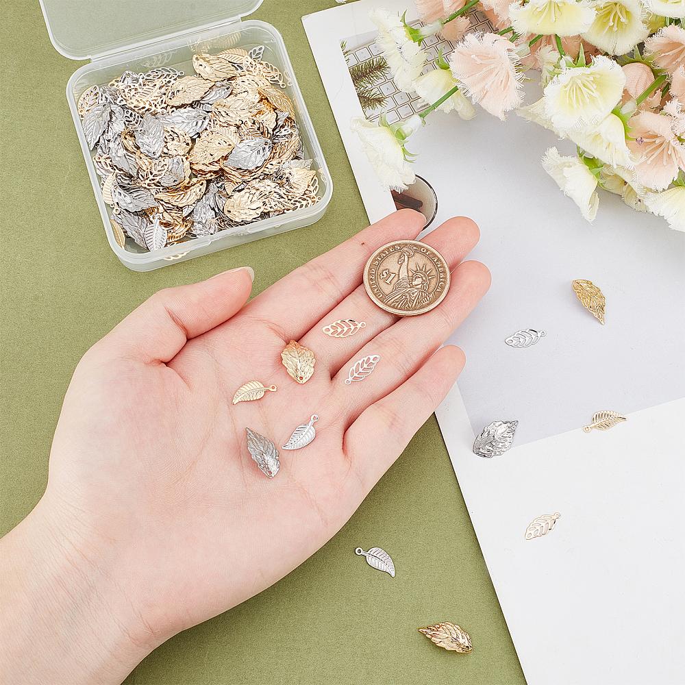 180Pcs 6 Style 304 Stainless Steel Pendants Filigree Charms Leaf Golden & Stainless Steel Color 13~17x5.5~10x0.5~1mm Hole: 0.8~1mm 30pcs/style