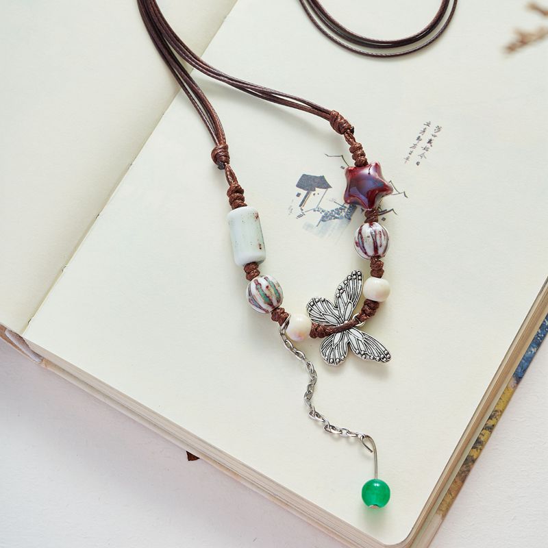 

Jingdezhen Ceramic Ornament Butterfly Necklace Long Sweater Chain Hand-Woven Adjustable Ethnic Style Student Female New MY009 Princess Watermelon
