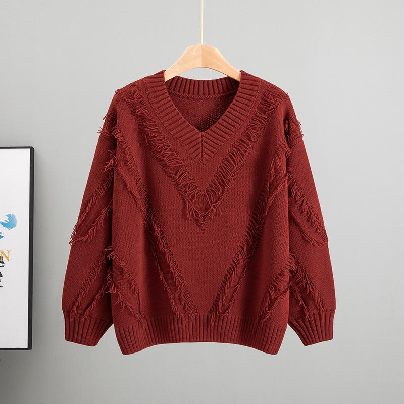Loose Knitted V-neck Lazy Fringed Sweater Women's 2025 Autumn New Fashion Foreign Style Inner Top