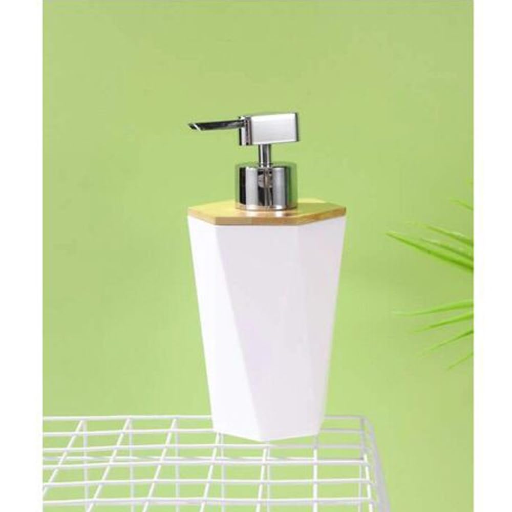 RSINC Refillable Hand Soap Dispenser | Liquid Soap/Shampoo  Lotion Dispenser Plastic Bottle for Kitchen, washbasin Pack of 1 | Wooden Lid (White)