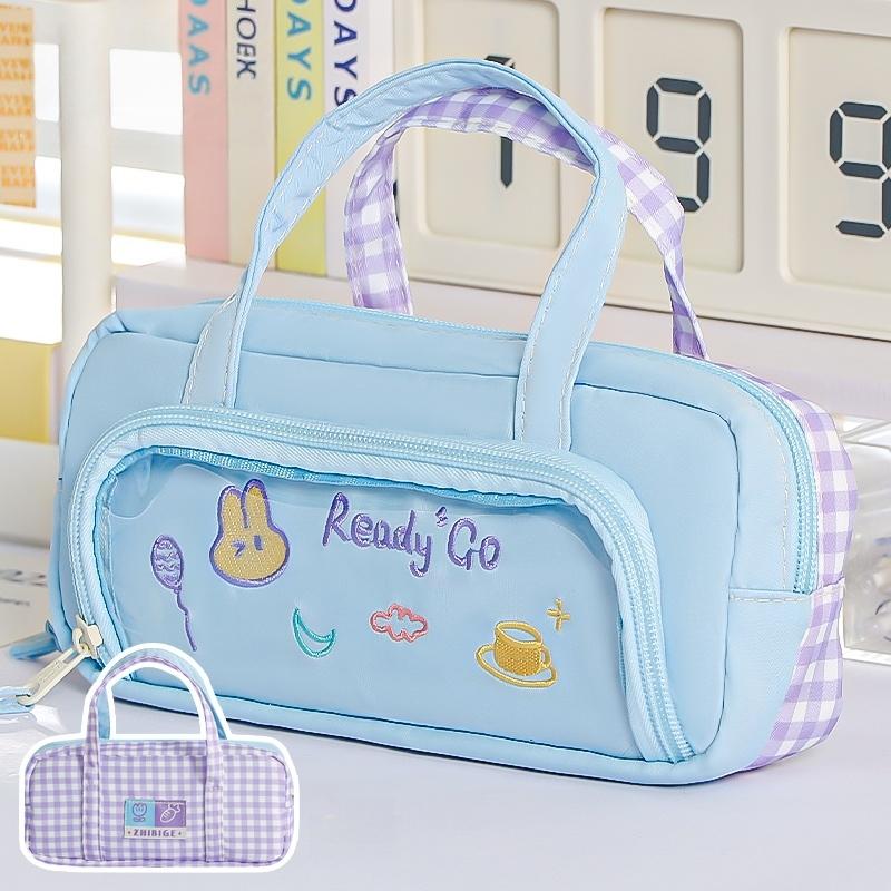 

1pcs Double-side Color Blocked Pencil Bag Pen Case, Hitting Colors Cute Embroidery Handle Storage Pouch for Stationery