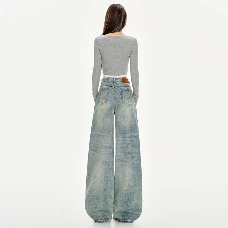 Retro Blue Distressed Denim Wide-Leg Pants for Women