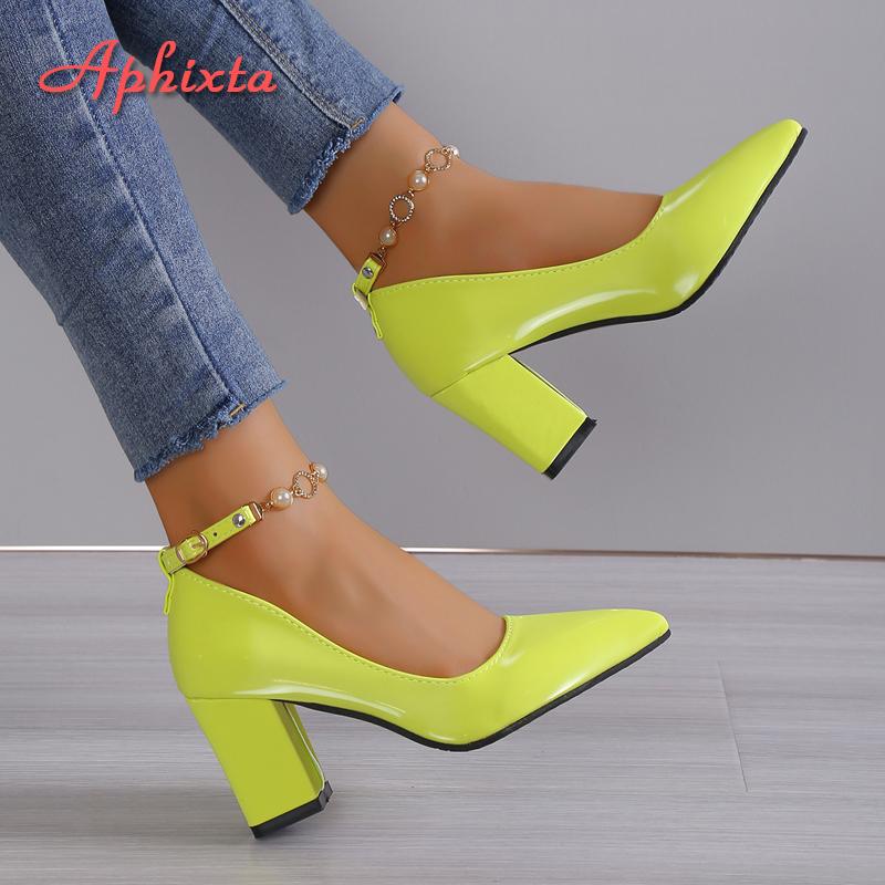 Fashion Aphixta Hot Sale Pumps Women Shoes Luxury Pearl Crystals Chain Buckle Strap 7cm Chunky Heel Parent-child Students Big Size 30-46