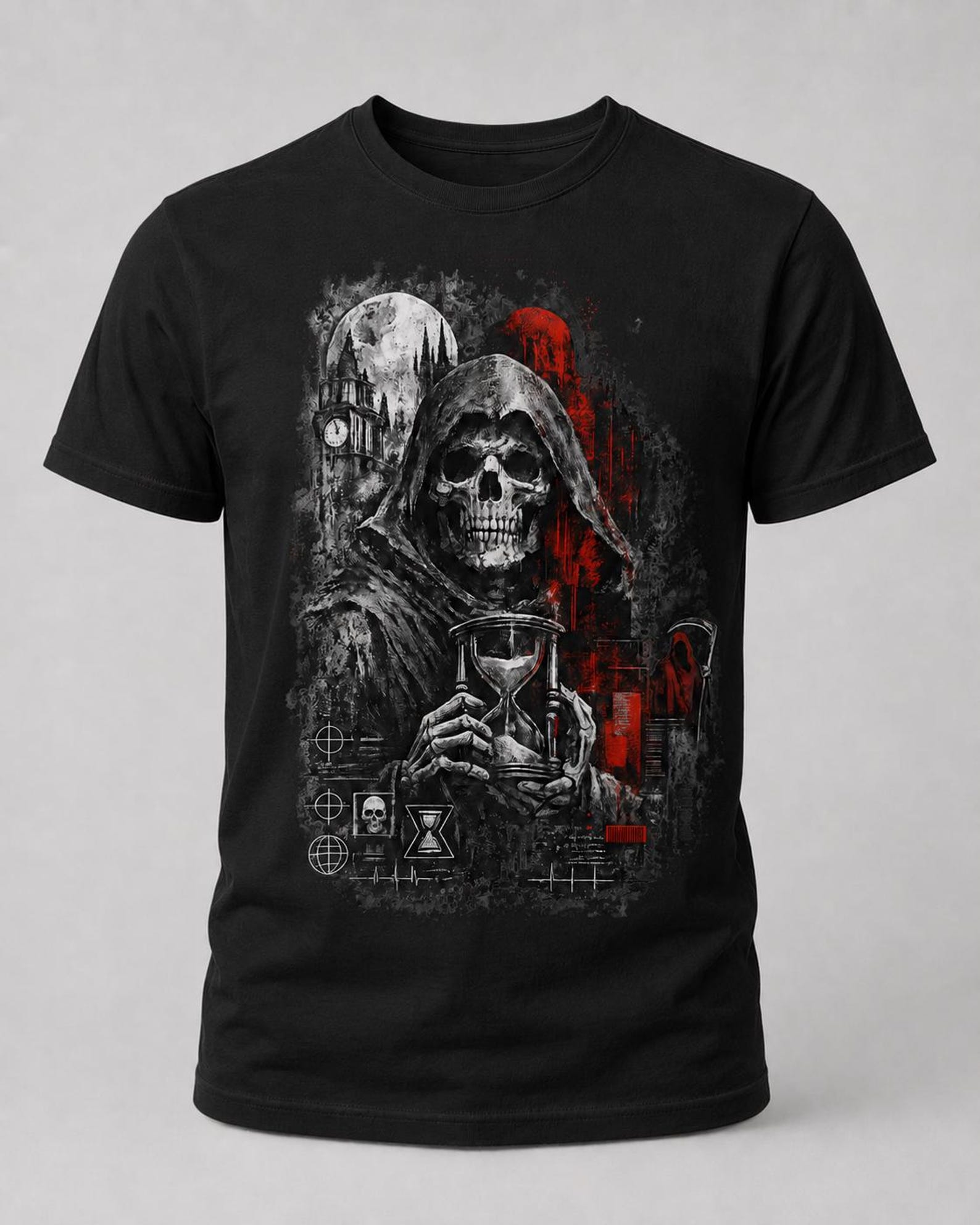 Grim Reaper Hourglass T-Shirt, Gothic Memento Mori Graphic Tee, Dark Death Art Shirt 2XL