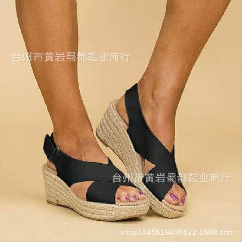 Large size hollow hemp rope muffin thick-soled sandals women's straw buckle wedge heel fish mouth sandals