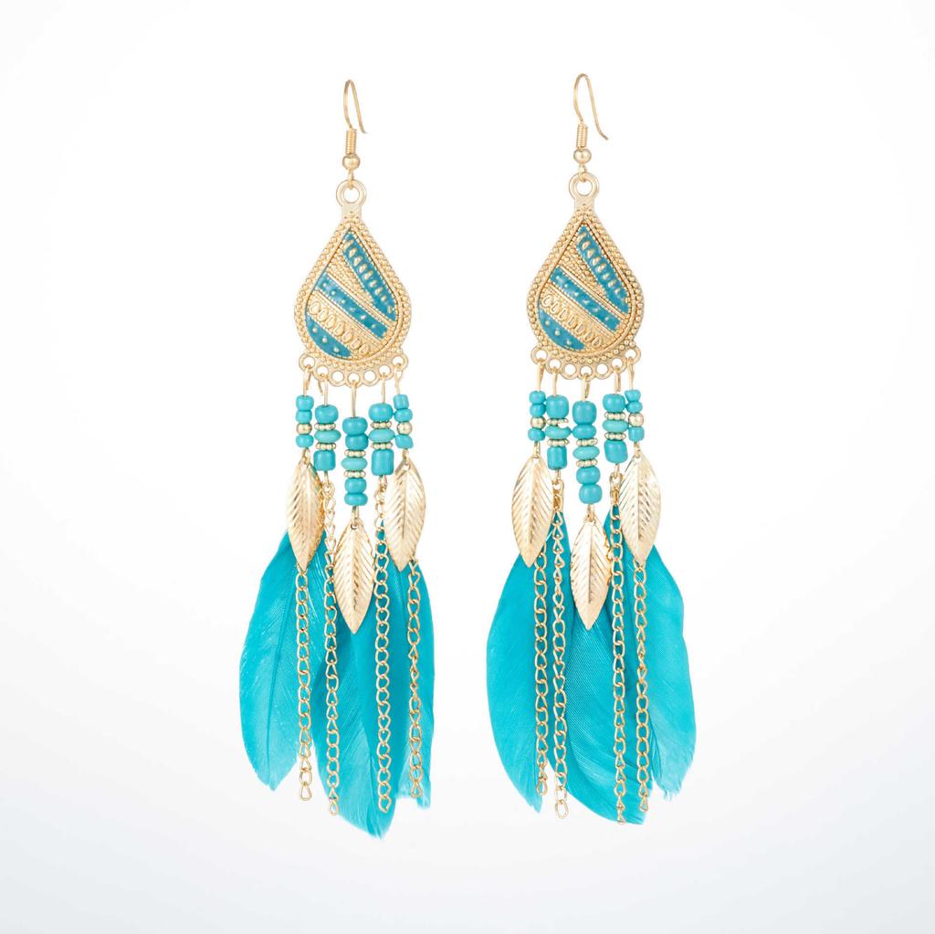 Vintage Bohemian Feather Tassel Earrings Exaggerated Ethnic Vacation Dangle Ear Jewelry Fashion Accessories For Women