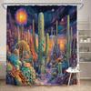 1 Surreal Desert Shower Curtain with Glowing Cacti, Fantasy Neon Plants and Starry Sky Design, Polyester, Vibrant Curtain Design