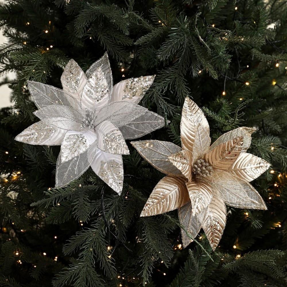 29CM Artificial Poinsettia Flower Glitter Sequins Christmas Glitter Flower Sparkling Simulation Flowers Christmas Tree Accessory