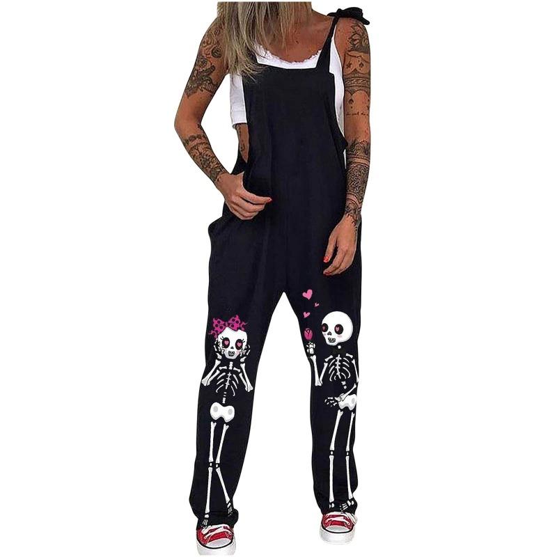 Mono Estampado Calavera Crisantemo Babero Pantalones Pantalones Largos