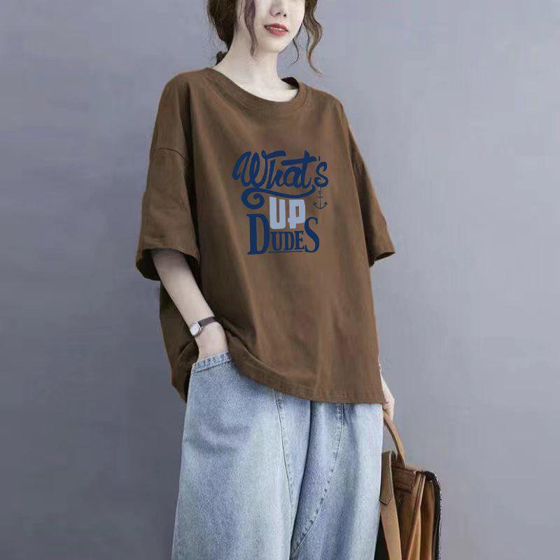 Tops Women Cotton Summer Large Size T-shirt Polo Neck Loose Printed Casual Pullover T-shirt Top