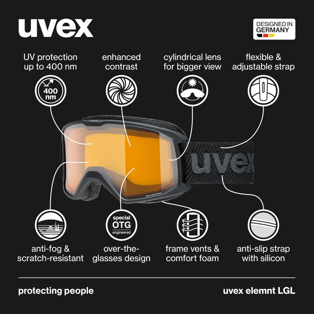 Uvex Ski and Snowboard Double Glasses Element Free Size Children's Goggles, Lens, Anti-Fog, Compatible, LGL, Black,