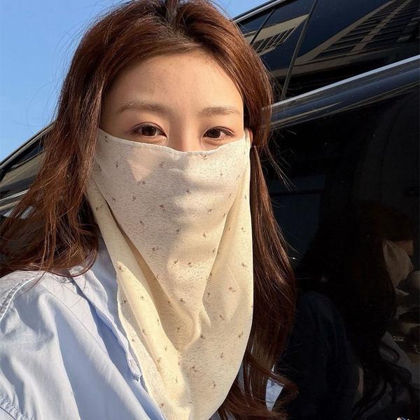 Women Summer UV Sun Protection Face Mask Ice Silk Breathable Thin Ear Loop Floral Print Full Face Neck Cover Cycling