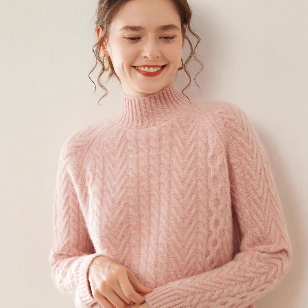 Women's Heavyweight Cashmere Sweater: Autumn-Winter Half-Neck Cable Knit Slim Pullover