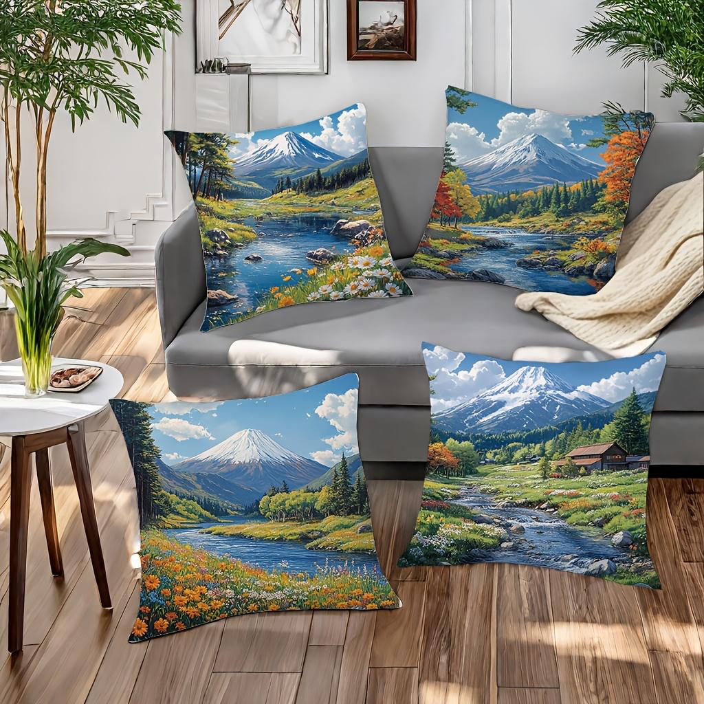 Ensemble de 4 taies d'oreiller, thème nature avec des motifs de rivières, de fleurs, d'arbres et de montagnes, garniture non incluse