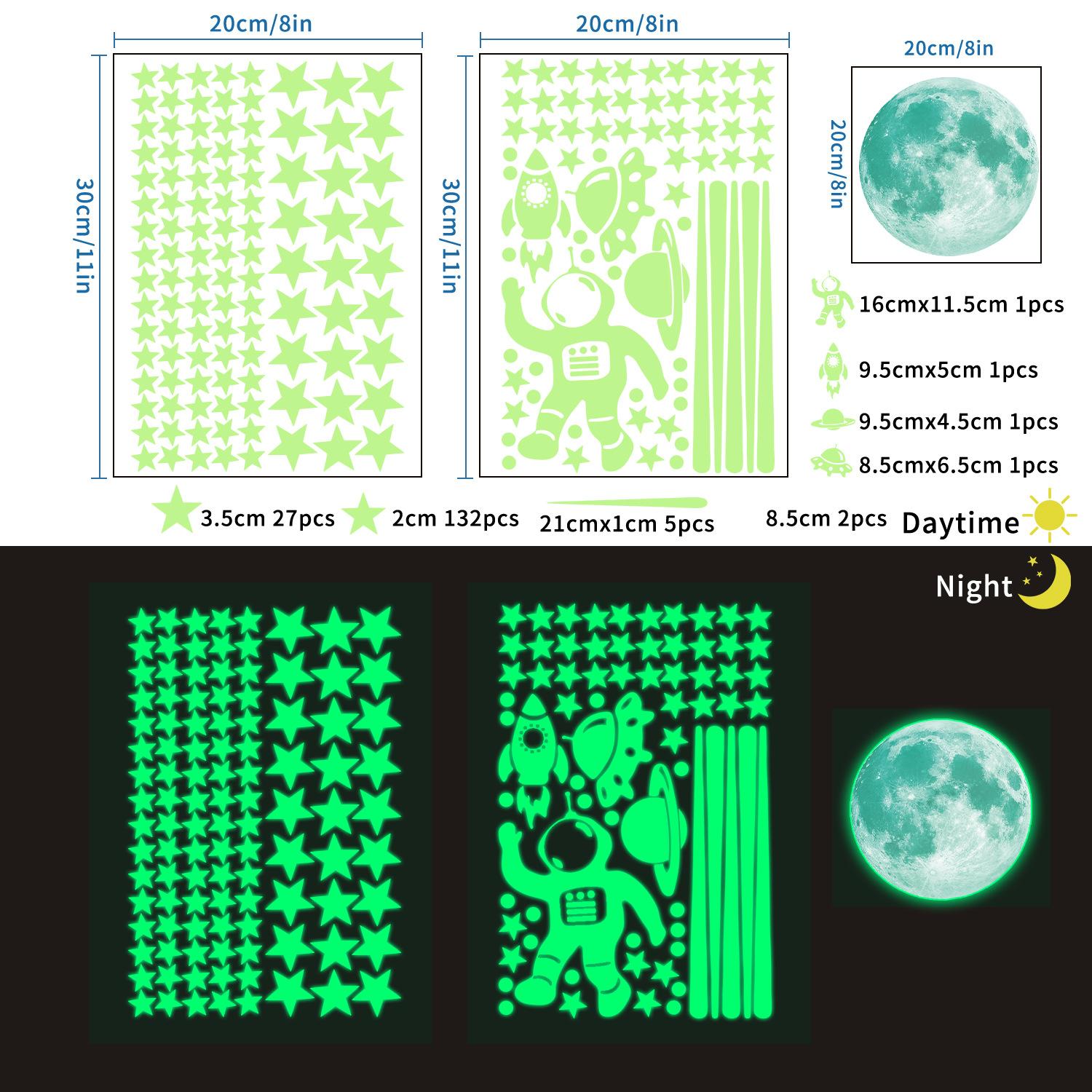 Creative Star Space Astronaut Luminous Bedroom Living Room Wall Decoration Stickers Green light moon 20cm
