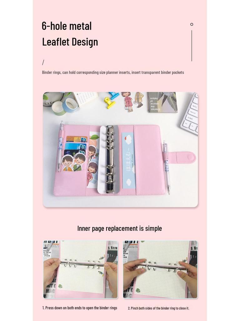 Korean Heart Macaron A5/A6 Ring Binder Notebook - PU Journal with 6-Hole Design