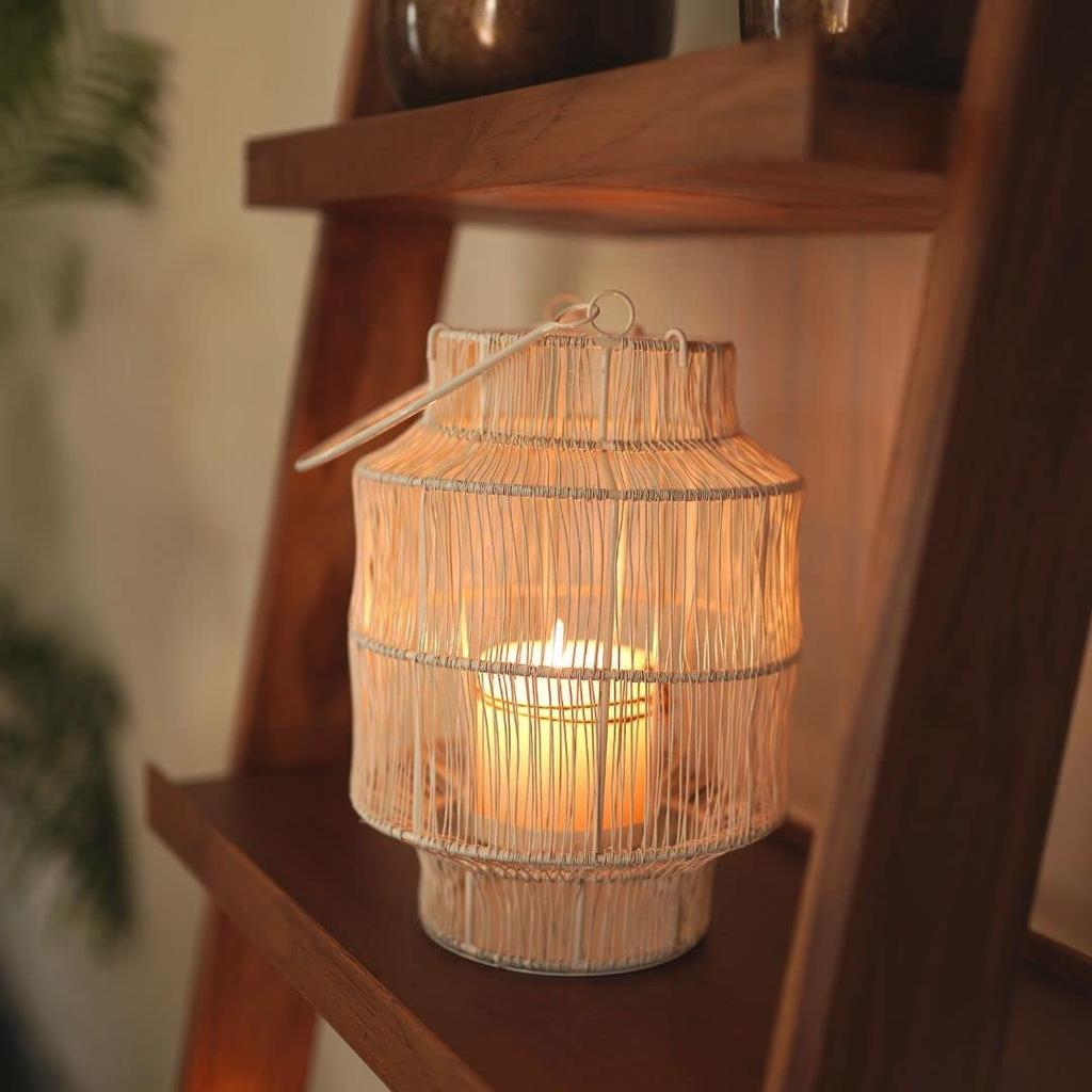 Белый металлический фонарь в стиле Бохо, Mesh Metal Lantern for Home Boho Style White, Behoma