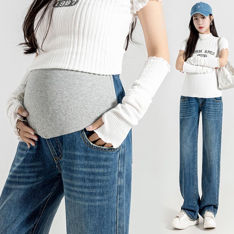 Spring 2026 Maternity Jeans: Korean Style, Slimming, High Waist, Tummy Support, Wide Leg, Loose Fit. XL синий