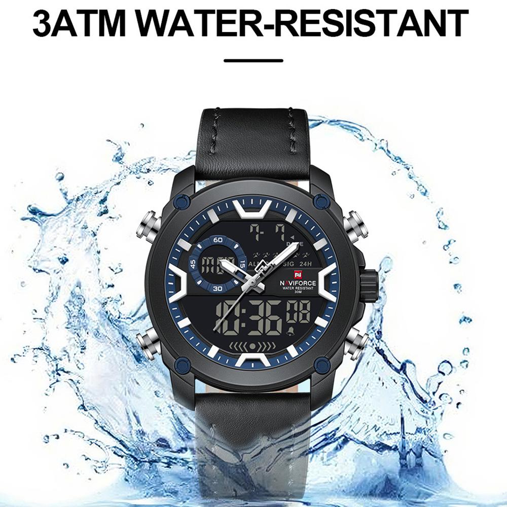 NAVIFORCE Original Men Quartz LCD Digital Watch Leather Strap Waterproof Luminous Pointer Calendar Date Men Boys Casual Watch NF9261