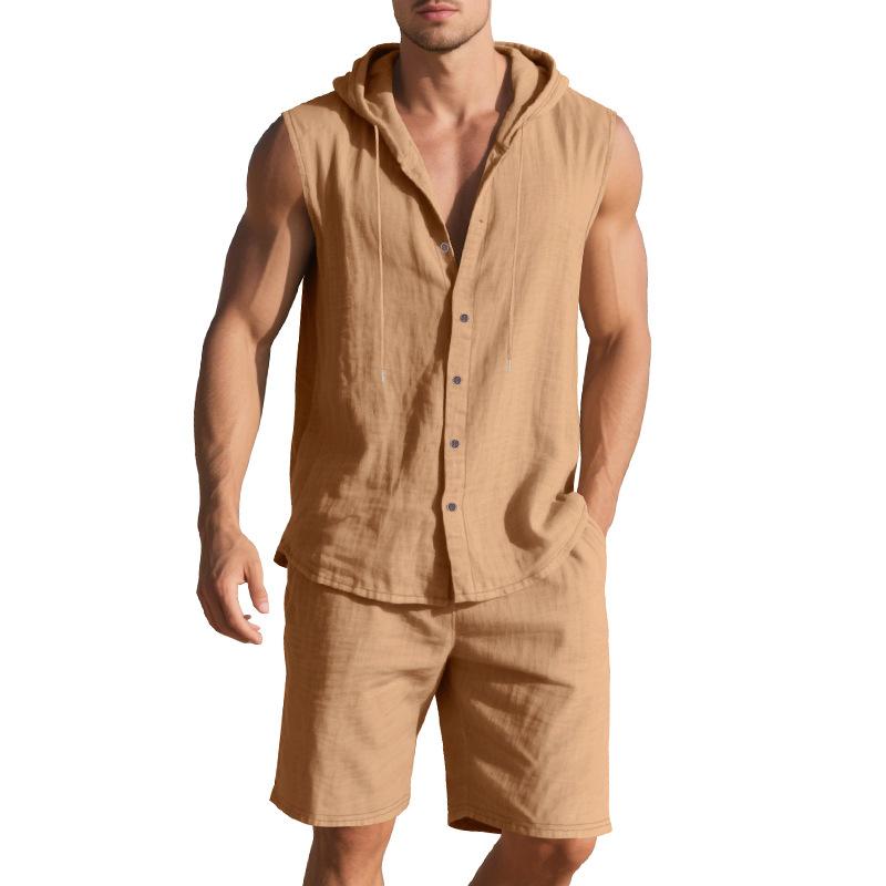 Summer Men's Summer Loose Casual Simple Hooded Sleeveless Shirt Shorts Two-piece Set