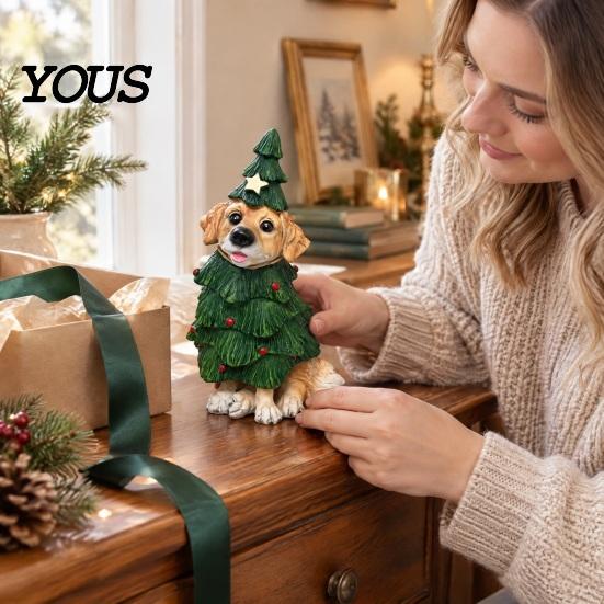 Christmas Party Supplies Dog Figurine, Resin Puppy Statue in Tree & Gift Small Animal Figurines Box Costume, Festive Desktop Mantel Decor,