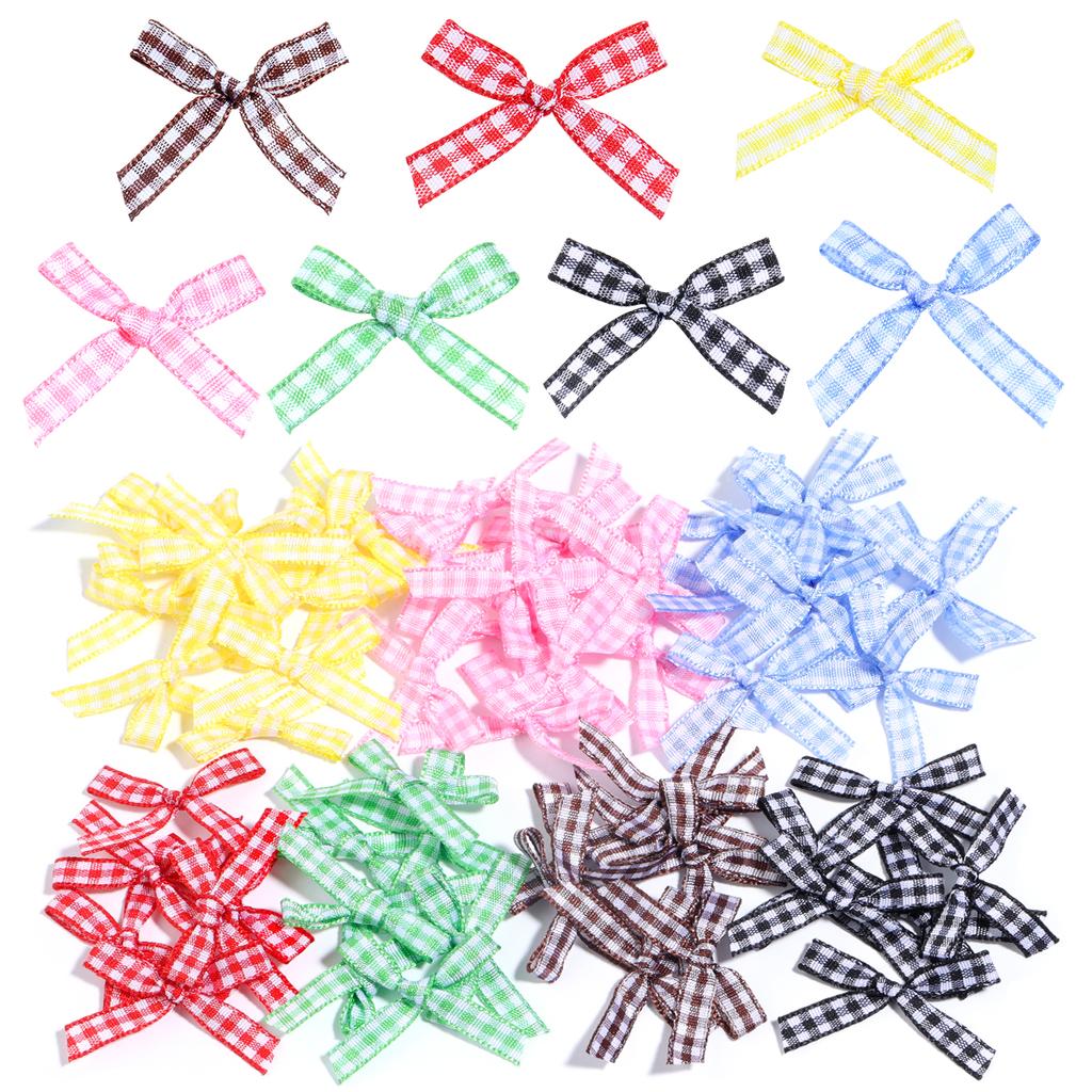 50pcs/lot Colored Satin Ribbon Bows Small Size Checkered Bowknot For DIY Sewing Crafts Garment Bouquets Wedding Party Decoration