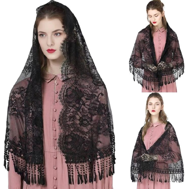 Woman Mantilla Floral Veil Lace Mantilla Veil Tasseled Shawl Headwear Mantilla