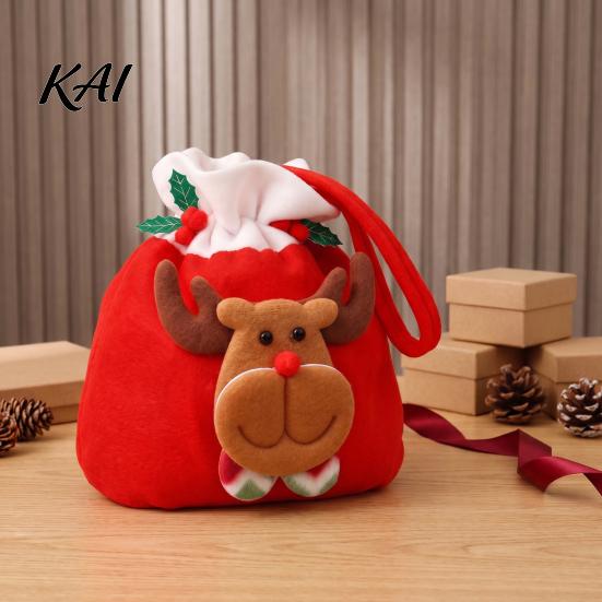 Drawstring Candy Pouches Christmas Flannel Bags, Fruit Cookie Packing Bag, Cute Holiday Goodie Bags Snowman/Santa/Elk Gift Wrap Bag for Presents,