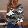 Women's Fashion Casual Floral Halloween Print V Neck Long Sleeved Button Up Long Sleeved Top