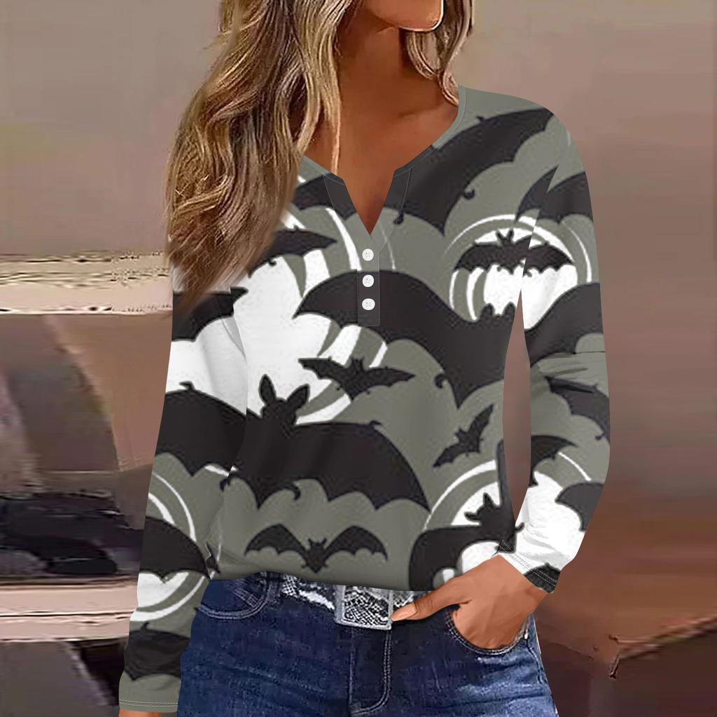 Women's Fashion Casual Floral Halloween Print V Neck Long Sleeved Button Up Long Sleeved Top