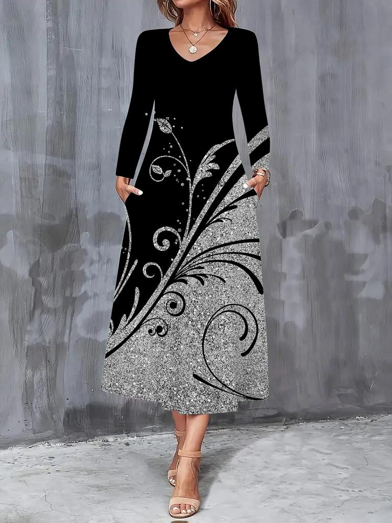 2025 Autumn and Winter New Women Casual Fashion Dress Autumn 3D Leaf Print Long Sleeve V-Neck A-Line Dresses