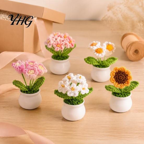 Crochet Flower Decor Handmade Potted Decoration, Knit Artificial Sunflower Desktop Handwoven Woolen Flowers Decor, Gift for Women, Mom, Teacher,