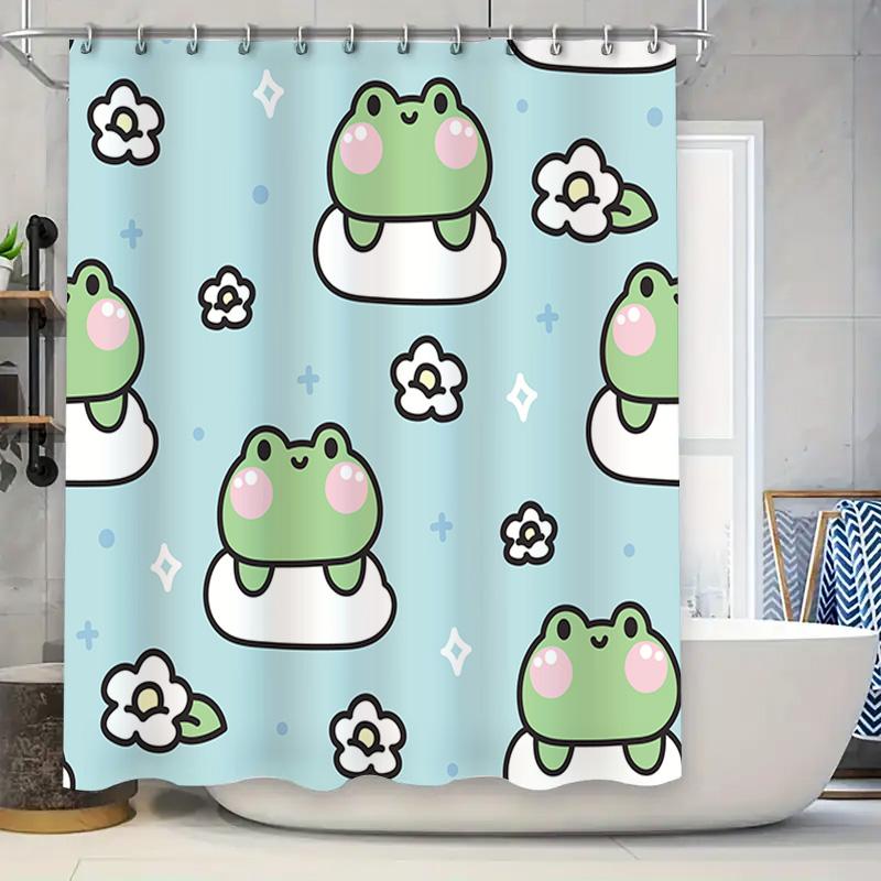 

Adorable Frog Print Shower Curtain With Flowers Blue Bathroom Decor For Kids Bathrooms Waterproof Fabric W60H190(CM)-1 Pcs