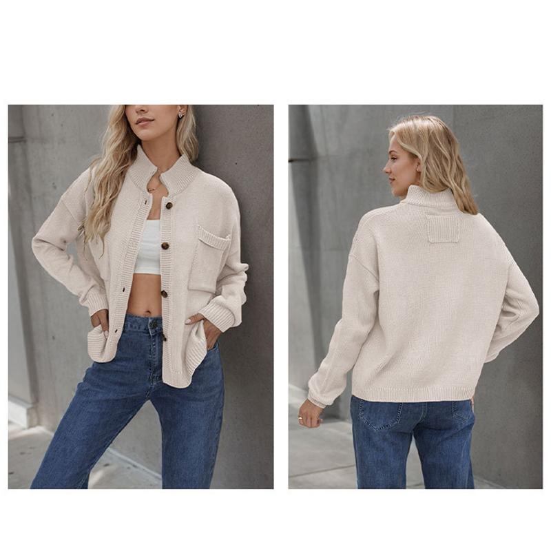Autumn Winter Women's Cardigan Long Sleeve Stand-up Neck Single Breasted Knitted Sweater