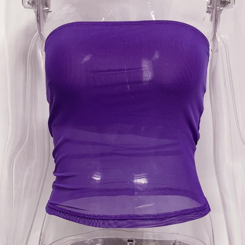 Summer 2022 Solid Color Sleeveless Mesh See-Through Crop Top Vest - Women's Casual European American Style
