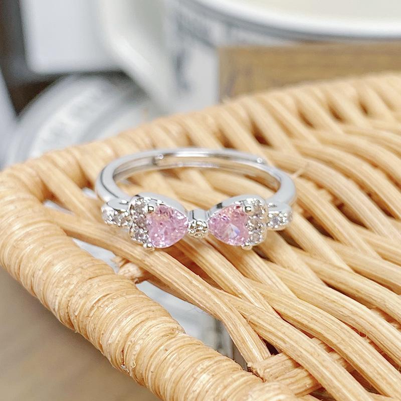 Sweet Full Diamond Pink Love Zir*****Pen Ring Color Treasure Niche Light Luxury High Sense Stacking Wearing Personalized Ring Woman