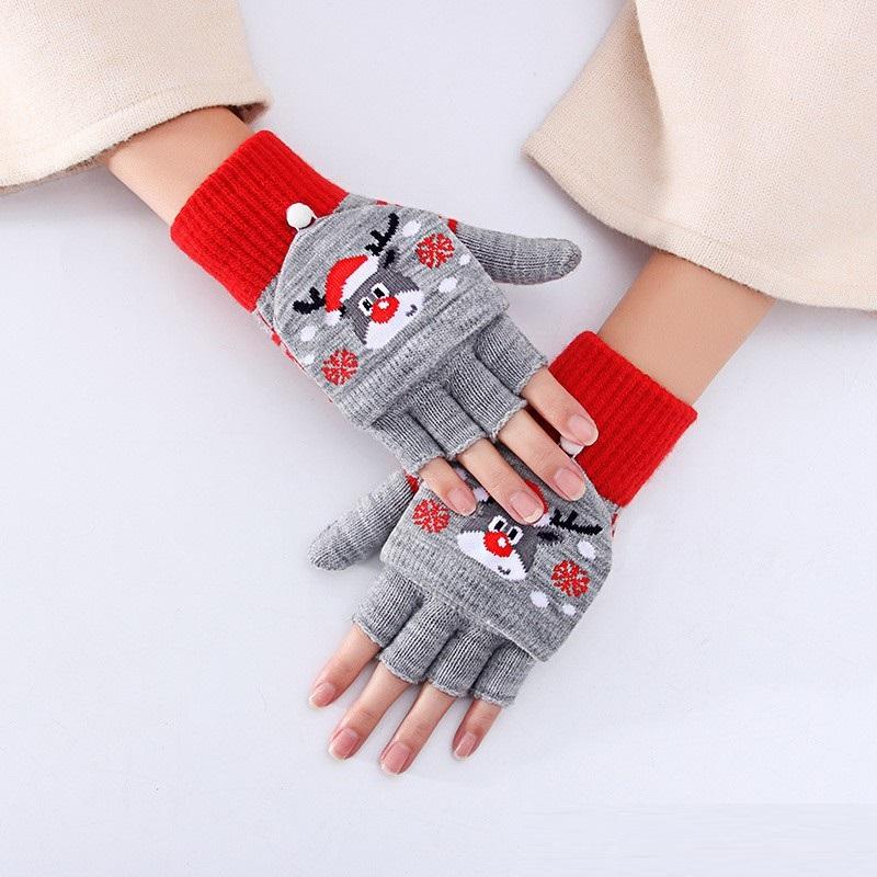 Winter Cute Girls Christmas Gloves Kids Warm Cartoon Gloves Students Fingerless Writing Gloves with Flip Cover 7-13Y