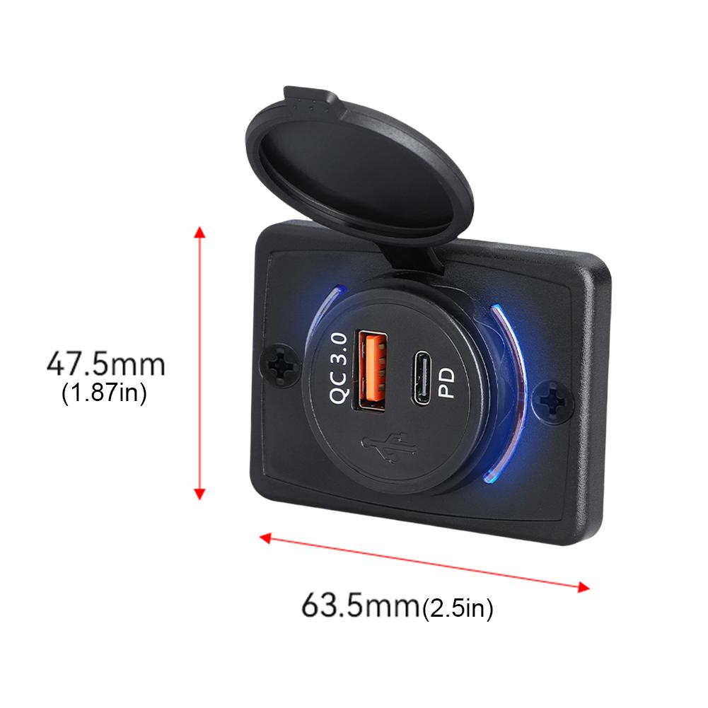 Enchufe Cargador de Coche 12-24V 18W PD QC3.0 Puertos de Carga USB para Coche Barco Marino con Luz LED Enchufe de Montaje en Panel de Superficie Plana